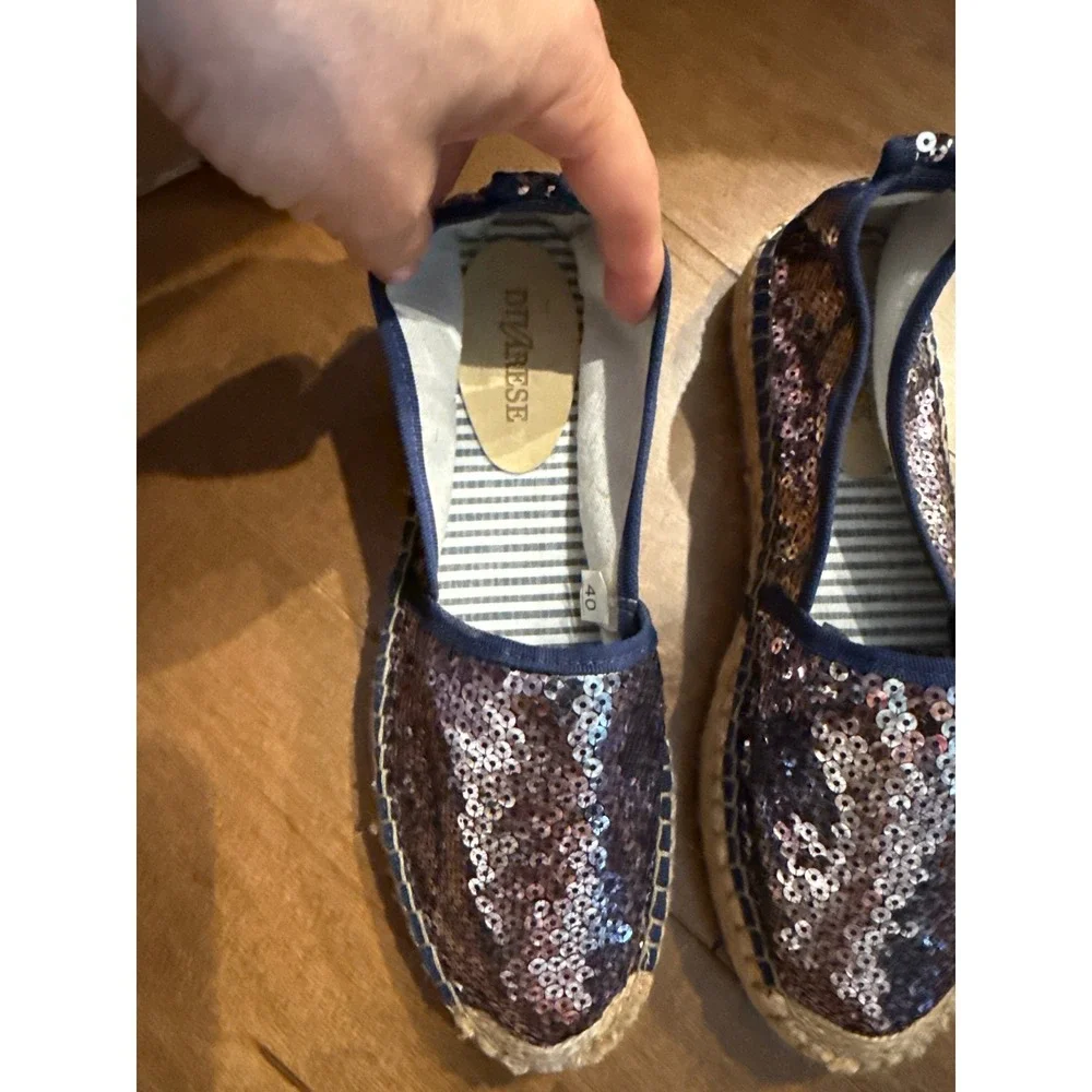 Divarese Sequin Espadrilles Navy Blue Purple Iridescent Slip On Flats Size 40
